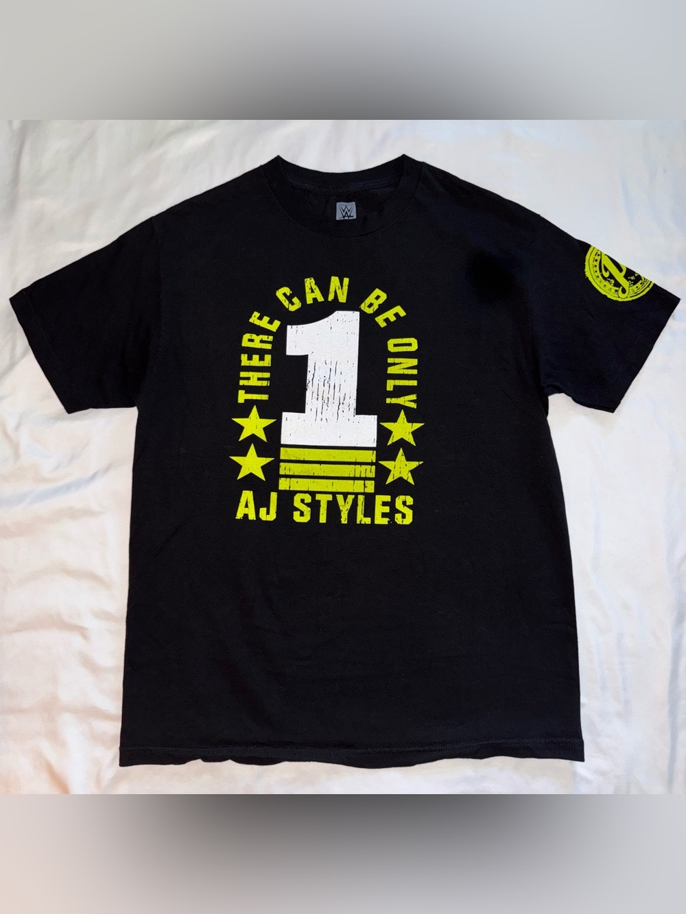 WWE AJ Styles Black T-Shirt with White & Neon Yellow Graphic